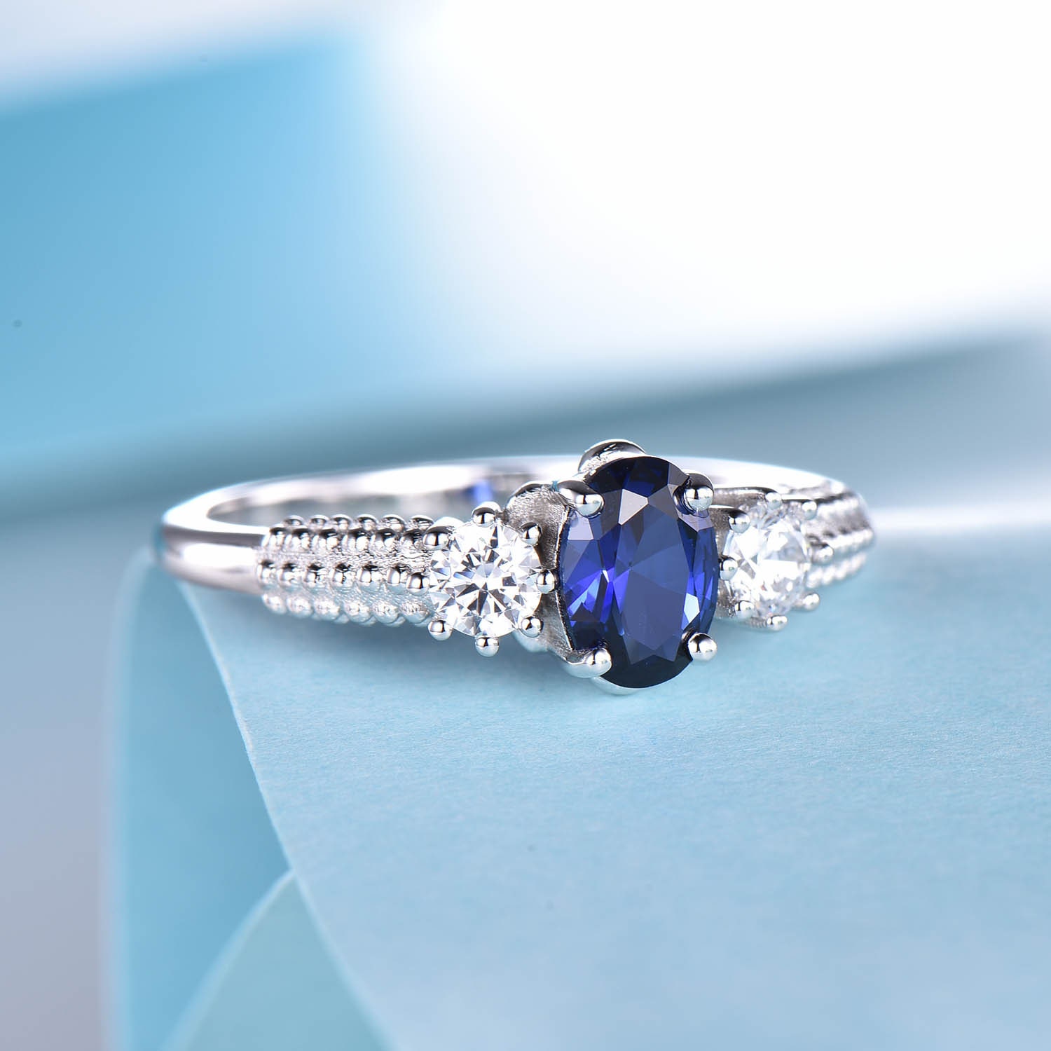 Oval Blue Sapphire Engagement Ring Three Stones Design - Etsy