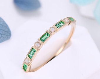 Vintage Emerald Opal Wedding Band: Baguette Cut Yellow Gold Stacking Ring