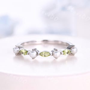 Pearl & Peridot Wedding Band: 14k Gold Cluster Ring