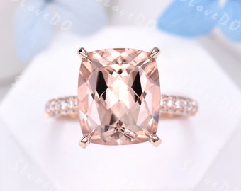 Big Morganite 14K Rose Gold Ring Cushion Morganite Engagement Ring Vintage Antique Art deco Halo Diamond Wedding Band Women Promise Ring