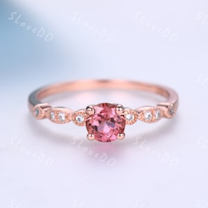 Padparadscha Pink Sapphire,5mm Pink Sapphire Engagement Ring,Diamond Wedding Bridal Promise Ring, 14K Rose Gold Women Anniversary Ring Gift