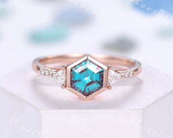 Vintage Alexandrite Engagement ring bezel set stacking wedding band rose gold ring triangle cut moissanite diamond anniversary ring gift