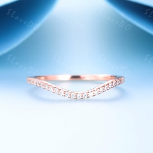 Curved Diamond Wedding Band Danity Diamond Wedding Ring 14K Rose Gold Ring Half Eternity Diamond Stacking Band Delicate Ring Gift for Her