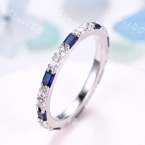 Baguette Blue Sapphire Engagement Ring Art Deco Full Eternity Band Moissanite Wedding Ring September Gem Ring Matching Stacking Band Silver