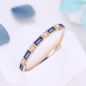 Vintage Sapphire Opal Wedding Band,Baguette Cut Yellow Gold Wedding Ring,Unique Stacking Band,Birthstone Ring,Anniversary Gift,Promise Ring