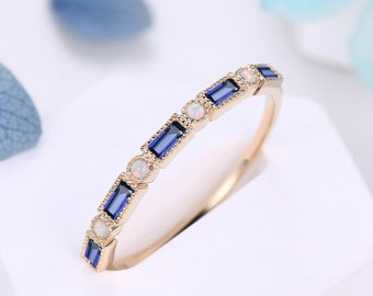 Vintage Baguette Sapphire Opal Wedding Band, Yellow Gold Stacking Ring