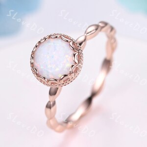 7mm Round Cut White Fire Opal Engagement Ring,14K Rose Gold Opal Ring,Vintage Milgrain Wedding Band,October Birthstone,Art Deco Promise Gift