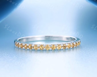 Half Eternity Band, Natural Citrine Wedding Ring, Minimalist Ring, Delicate Gemstone Ring, Wedding Band, Birthday Gift, White Gold Ring