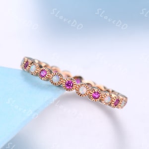 Opal Ruby Engagement Ring,Milgran Wedding Ring,Full Eternity band,Sterling Silver Wedding Band, 2 Gems Ring,Matching Band, Anniversary Ring