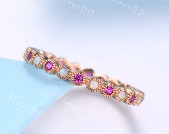 Opal Ruby Sterling Silver Eternity Ring - Milgrain Wedding Band