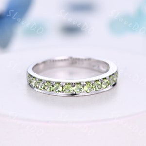 Peridot Wedding band,14k White Gold,Anniversary ring,Promise ring,Half Eternity,Stackable Band,Milgrain,Pave Set,Promise Ring Gift for her
