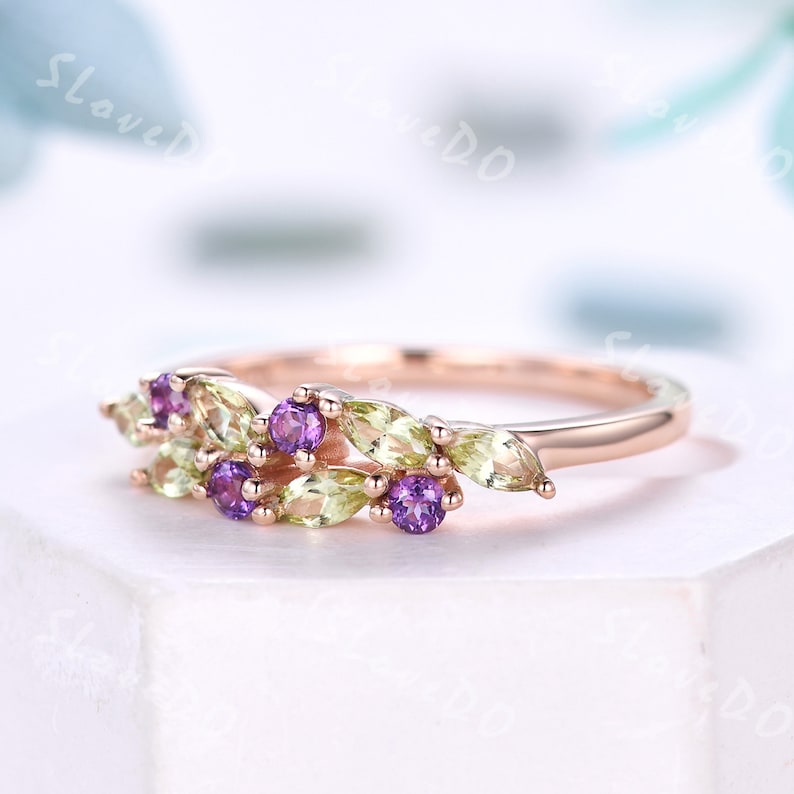 Vintage Peridot Wedding Band,14k Solid Gold Ring,Cluster Marquise Peridot Amethyst Ring,August Birthstone Ring,Stacking Band,Gift for Women image 10