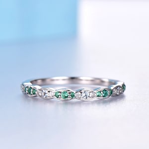 14K Solid Gold Art Deco Diamond Wedding Band Emerald Diamond Alternating Wedding Band Natural Emerald Ring Matching Band Promise Ring