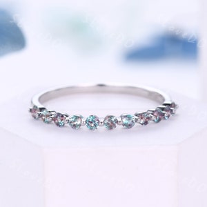 Minimalist Alexandrite Wedding Band Color Changing Half Eternity Ring White Gold June Birthstone Stacking Band Elegant Bridesmaid Women Gift