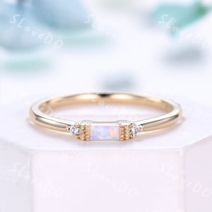 Dainty White Fire Opal Ring: 14K Yellow Gold Diamond Band
