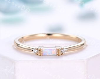 Dainty White Fire Opal Ring: 14K Yellow Gold Diamond Band