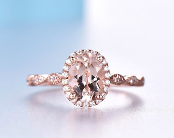 Anel de noivado em morganita rosa: halo de diamante em ouro rosa 14K