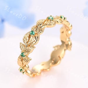Green Emerald Ring Wedding Band Matching Ring Handmade Ring For Her Natural Inspired Leaf Ring Anniversary Gift Stacking Ring 14K 18K Gold