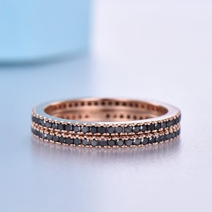 Black Diamond Ring Natural Black Diamond Wedding Band 2PCS Stacking Ring Delicate Thin Band 14K Solid Rose Gold