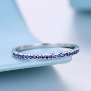 Minimalist Blue Sapphire Wedding Band,Half Eternity Pave Wedding Ring,September Birthstone,Women Dainty Sapphire Ring For her,White Gold