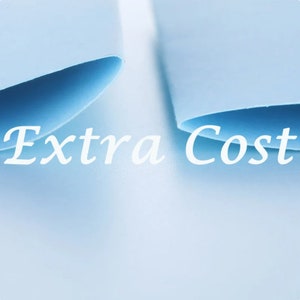 May include: Close-up of two light blue pieces of paper with the text "Extra Cost" in white.
