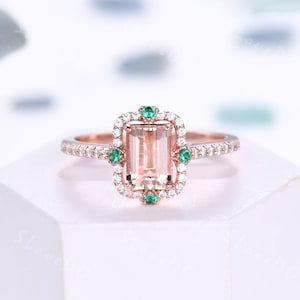 Emerald Cut Peach Morganite Halo Ring: Art Deco Diamond Wedding Band