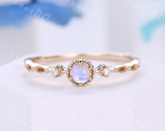 Dainty 14k Gold Rainbow Moonstone Ring: Diamond Promise Ring