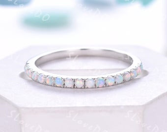 Dainty Opal Half Eternity Ring: Sterling Silver Stacking Wedding Band
