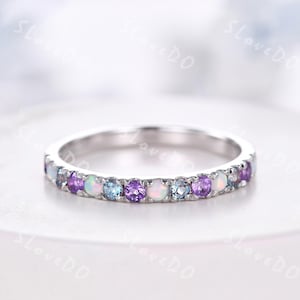 Dainty Opal Alexandrite Amethyst Ring: Sterling Silver Eternity Band