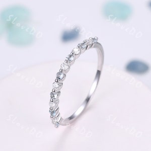 Unique Aquamarine Moissanite Wedding Band Art Deco Half Eternity Ring Bubble Prong Stackable Band,Minimalist Moissanite Band,March Ring