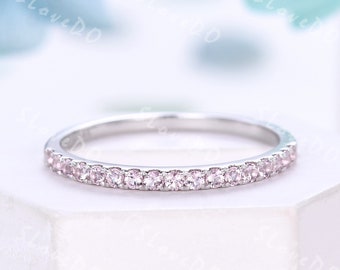 Half Eternity Morganite Wedding Band,Dainty Pink Morganite Matching Band,Unique Stackable Promise Ring,White Gold Jewelry,Anniversary Gift