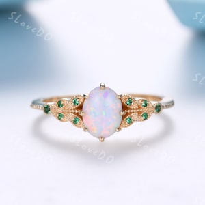Opal Emerald Engagement Ring Yellow Gold Ring Vintage Opal Ring Emerald Ring October Birthstone Art Deco Women Promise Ring Gift for her