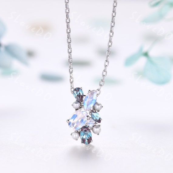 Moonstone Alexandrite Pendant Necklace white Gold Cluster Necklace multiple Birthstones Necklace pearl Necklace personalized Gift for Women Etsy
