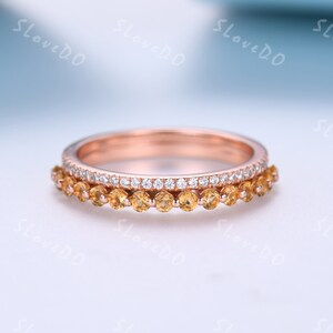 Natürlicher Citrin Ehering, zweireihiger Diamantring, minimalistischer Ring, zarter gelber Edelsteinring, Ehering, halbe Ewigkeit, Weihnachtsgeschenk