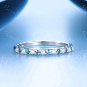 Opal Alexandrite Wedding Ring, Half Eternity Wedding Band, Dainty Opal Stacking Band, 14K White Gold Ring, Birthstone Ring, Gift for Her