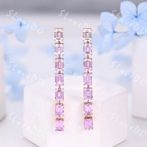 Natural Pink Sapphire Long Earrings,Gradient Dangle Earrings,Rose Gold Tassel Earrings,Bridal Wedding Earrings,Gift For Wife,Pink Gemstone