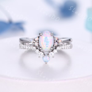 Opal Ring,Opal Wedding Ring,White Fire Opal Engagement Ring Set,Oval Opal Bridal Set,Diamond Eternity Band,Silver Opal Ring,14K white gold