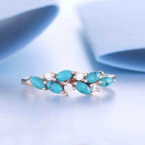 Anillo turquesa vintage, anillo de bodas de oro rosa, banda turquesa única de marquise cluster, banda de diamantes turquesa, anillo de piedras preciosas