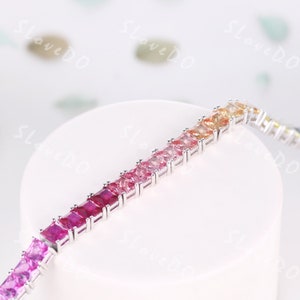 Farbverlauf Regenbogen Saphir Armband Multi Farbe Saphir Tennis Armband Ombre Armband Princess Cut Sapphire Silber Armband Geschenk für Frauen
