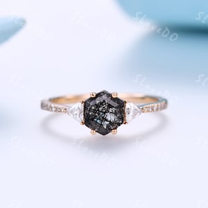 Vintage Hexagon Cut Black Rutilated Quartz Ring,Moissanite Diamond Matching Band,Black Gemstone Ring,Three Stone Ring,Anniversary Ring Gift