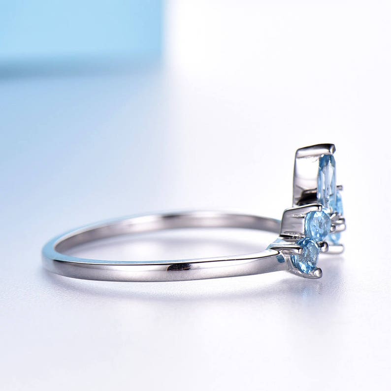 Blue Topaz Wedding Band 10K14K18K White Gold Moissanite Diamond Ring handcrafted Marquise and Round Shape Curved matching band