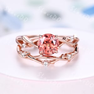 Round Padparadscha Sapphire engagement ring Set Art Deco Moissanite Wedding Band Twig Vine Ring Sapphire Promise Ring Rose Gold Gift For her