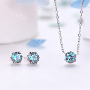 Matching set,5mm Round cut alexandrite Necklace with Earrings,Personalized Bridesmaid gifts,bridesmaid earrings,Silver necklace gift for her