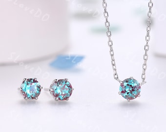 Alexandrite Necklace and Earrings Set: 925 Silver Bridesmaid Jewelry