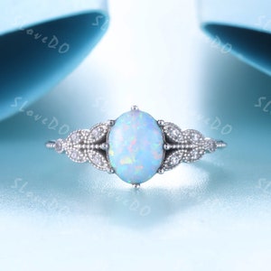 White Opal Ring, Oval Opal Engagement Ring, 14K Solid Rose Gold Opal Ring, October Birthstone, Opal and Diamond Ring, Birthday Promise Ring