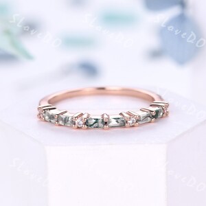 Baguette Moss Agate Diamond Engagement Ring: Rose Gold Moissanite Wedding Band
