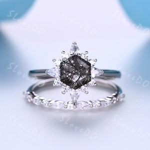 Black Rutilated Quartz Ring Set: Hexagon Cut Sterling Silver Engagement Ring