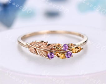Olive Branch Wedding Band Natural Citrine Amethyst Leaf Wedding Ring in 14K Yellow Gold Dainty Citrine Half Eternity Bridal Band for Women