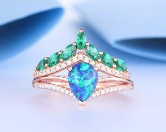 Blaue Feueropal Verlobungsring Set Birne geformt schwarz Opal Ring Oktober Birthstone Rose Gold Opal Ring einzigartige Hochzeit Band Versprechen Braut Set