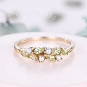 Vintage Peridot Pearl Cluster Ring: Solid Gold Wedding Band